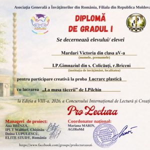 Rezultate frumoase obținute de elevii noștri în cadrul etapei internaționale a concursului „Pro Lectura” cu genericul ,,Coloana infinitului și generația care urcă”